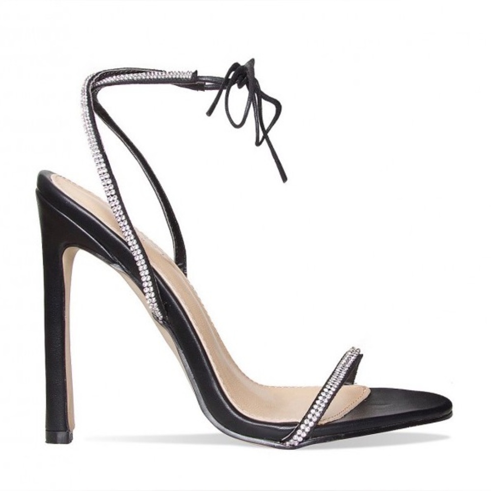 Elegant Black Strappy Heels with Rhinestone Detail